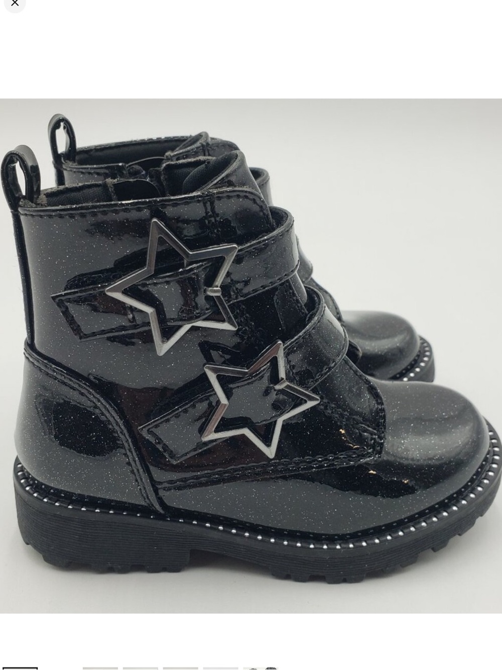 NEW! Self Esteem Glitter Black Patent Leather Star Combat Booties Toddler Size 8